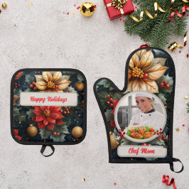 Kerst Bloemen Gepersonaliseerde Chef Mam Foto Ovenwant & Pannenlap Set