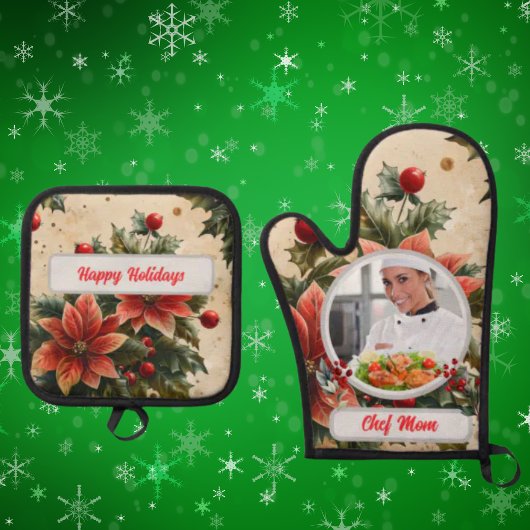 Kerst Bloemen Gepersonaliseerde Chef Mam Foto Ovenwant & Pannenlap Set