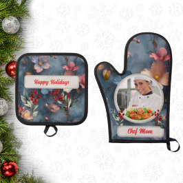 Kerst Bloemen Gepersonaliseerde Chef Mam Foto Ovenwant & Pannenlap Set