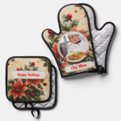 Kerst Bloemen Gepersonaliseerde Chef Mam Foto Ovenwant & Pannenlap Set (Voorkant / Achterkant)