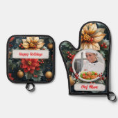 Kerst Bloemen Gepersonaliseerde Chef Mam Foto Ovenwant & Pannenlap Set (Voorkant)