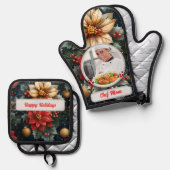 Kerst Bloemen Gepersonaliseerde Chef Mam Foto Ovenwant & Pannenlap Set (Voorkant / Achterkant)