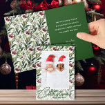 Kerst Bloemen Gevouwen Foto Feestdagen Kaart<br><div class="desc">Uw foto op een achtergrond van prachtig waterverf groen en bessen samen met Vrolijk kerstfeest in chique belettering. Uw persoonlijke groet en namen zijn aan de binnenkant afgedrukt.</div>