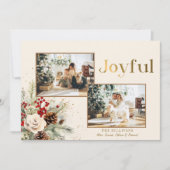 Kerst Bloemen Goud Vrolijke Tekst 2-Foto Feestdagenkaart (Voorkant)