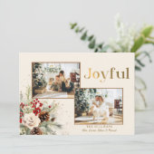 Kerst Bloemen Goud Vrolijke Tekst 2-Foto Feestdagenkaart (Staand voorkant)