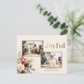 Kerst Bloemen Goud Vrolijke Tekst 2-Foto Feestdagenkaart (Staand voorkant)