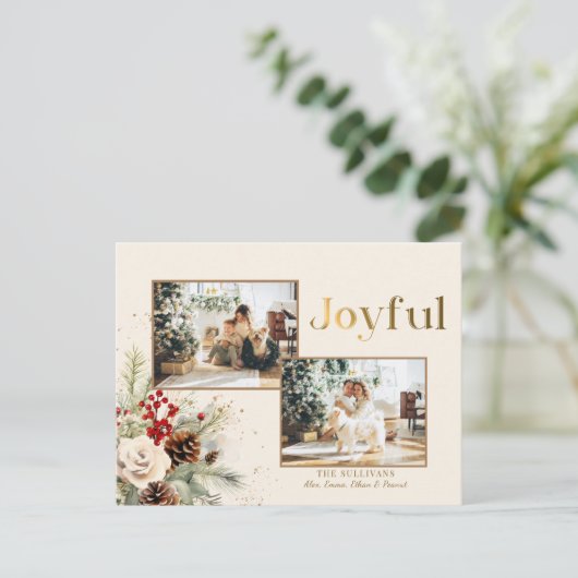 Kerst Bloemen Goud Vrolijke Tekst 2-Foto Feestdagenkaart (Staand voorkant)
