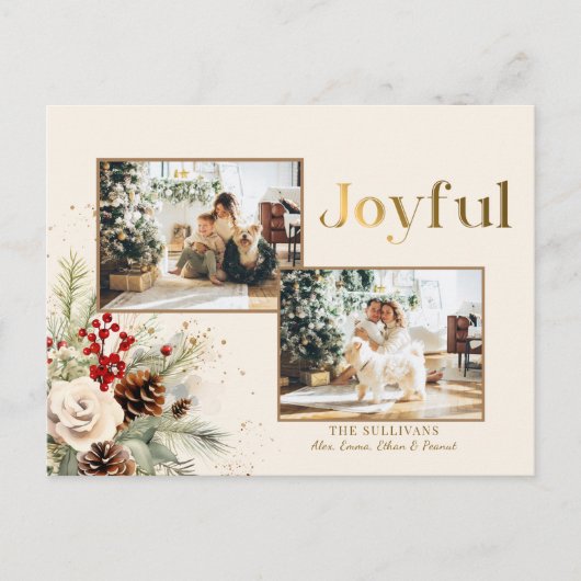 Kerst Bloemen Goud Vrolijke Tekst 2-Foto Feestdagenkaart (Voorkant)
