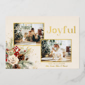 Kerst Bloemen Goud Vrolijke Tekst 2-Foto Folie Feestdagenkaart (Voorkant)