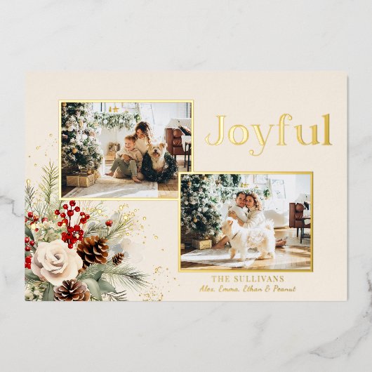 Kerst Bloemen Goud Vrolijke Tekst 2-Foto Folie Feestdagenkaart (Voorkant)