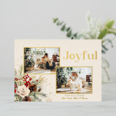 Kerst Bloemen Goud Vrolijke Tekst 2-Foto Folie Feestdagenkaart (Staand Voorkant)