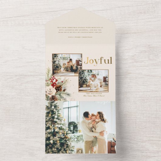 Kerst Bloemen Goud Vrolijke Tekst Multi-Photo All In One Uitnodiging (Binnen)