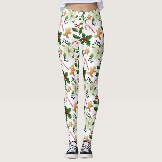 Kerst Bloemen Holly Candy Canes Gingerbread Leggings (Voorkant)