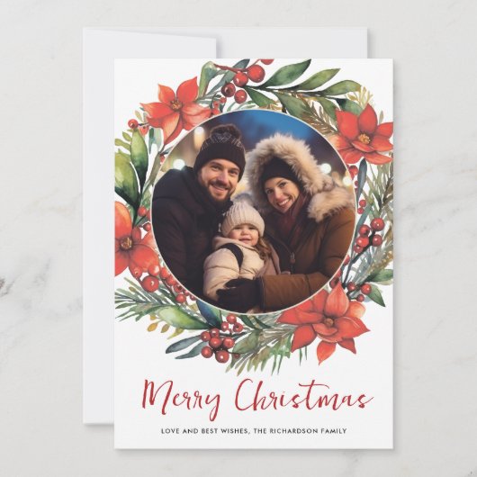 Kerst Bloemen Krans Foto Vakantie Kaart (Voorkant)