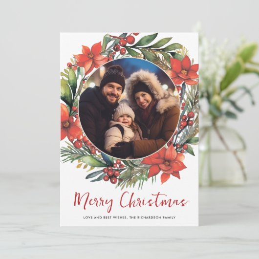 Kerst Bloemen Krans Foto Vakantie Kaart (Staand voorkant)