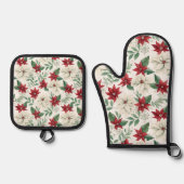 Kerst Bloemen Oven Mitt met bijpassende Pot Holde Ovenwant & Pannenlap Set (Voorkant)