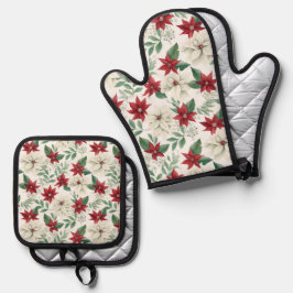 Kerst Bloemen Oven Mitt met bijpassende Pot Holde Ovenwant & Pannenlap Set
