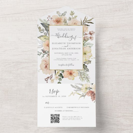 Kerst Bloemen QR RSVP Gouden Folie Winter Huwelijk All In One Uitnodiging (Binnen)