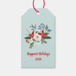 Kerst Bloemen Red Aqua Vakantie Cadeaulabel