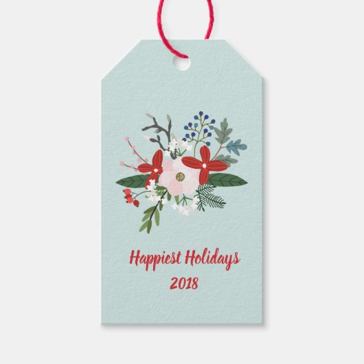 Kerst Bloemen Red Aqua Vakantie Cadeaulabel (Voorkant)