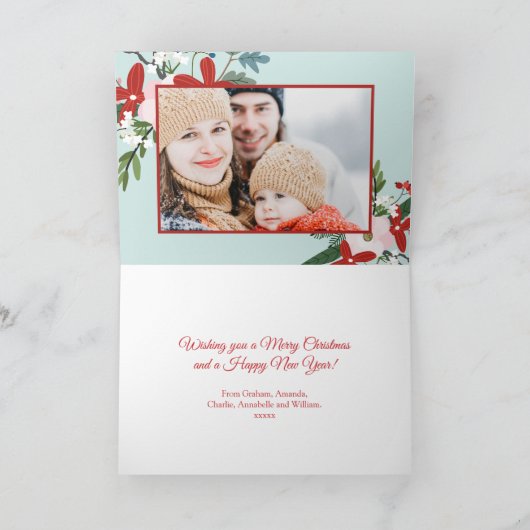 Kerst Bloemen Red Aqua Vakantie Foto Feestdagen Kaart (Binnen)