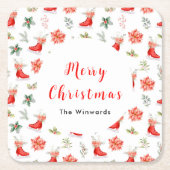 Kerst Bloemen Rode Ijs Schaatsen Vrolijk Kerstfees Kartonnen Onderzetters (Voorkant)