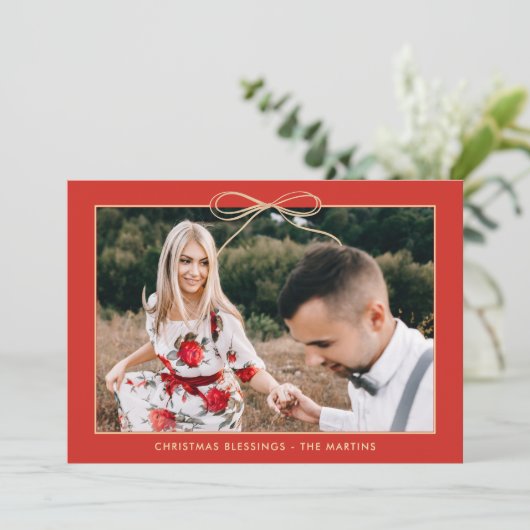 Kerst Bloemen Rood Elegante Boog Foto Feestdagenkaart (Staand voorkant)