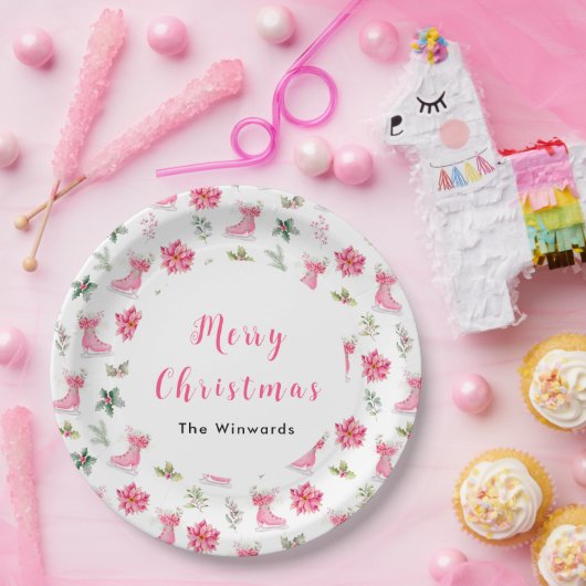 Kerst Bloemen Roze Ice Schaatsen Vrolijk Kerstfees Papieren Bordje (Feest)