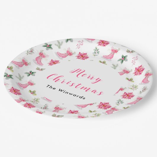 Kerst Bloemen Roze Ice Schaatsen Vrolijk Kerstfees Papieren Bordje (Gekanteld)