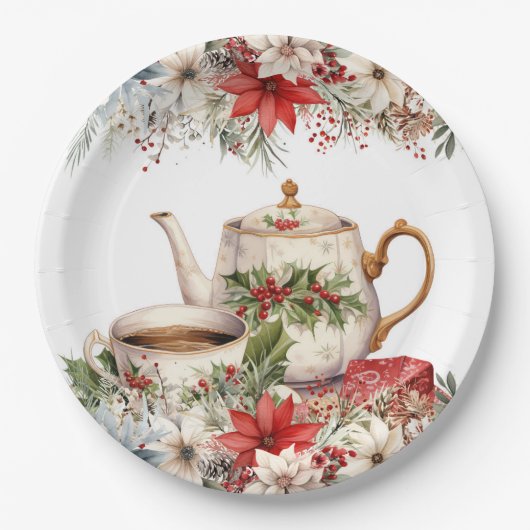 Kerst Bloemen Thee Vakantie Feest Papieren Bordje (Voorkant)