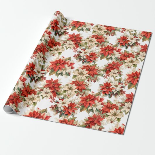 Kerst Bloemen Winter Grote Poinsettias Cadeaupapier (Uitgerold)