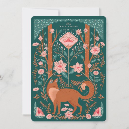 Kerst Bloemen Woodland Fox Folk Art Groen Feestdagenkaart (Voorkant)