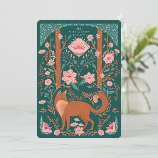 Kerst Bloemen Woodland Fox Folk Art Groen Feestdagenkaart (Staand voorkant)
