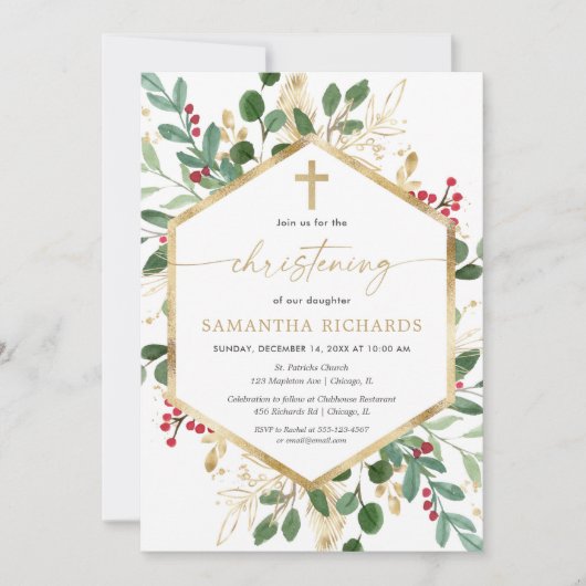 Kerst bloemendoop rood groen goud kaart (Voorkant)