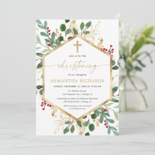 Kerst bloemendoop rood groen goud kaart (Staand voorkant)