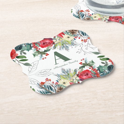Kerst bloemenfamilie elegant groen monogram kartonnen onderzetters (Gekanteld)