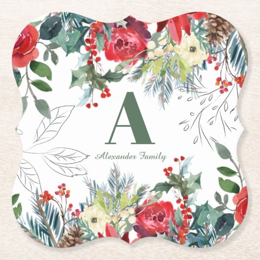 Kerst bloemenfamilie elegant groen monogram kartonnen onderzetters (Voorkant)