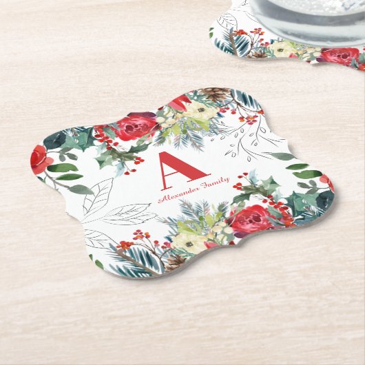 Kerst bloemenfamilie elegant rood monogram kartonnen onderzetters (Gekanteld)