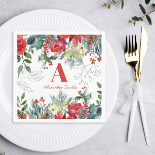 Kerst bloemenfamilie elegant rood monogram servet