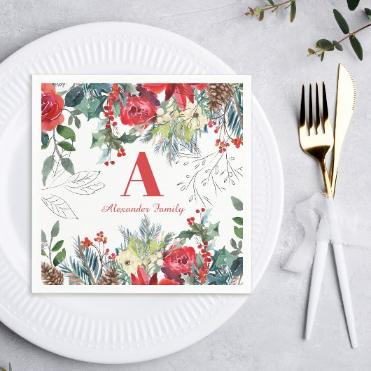 Kerst bloemenfamilie elegant rood monogram servet