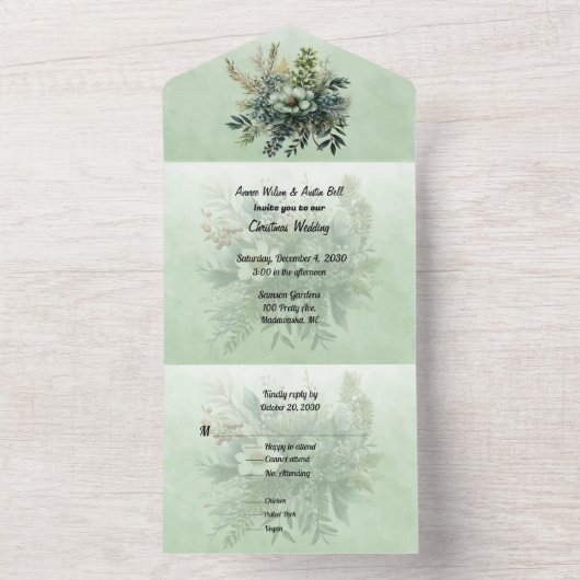 Kerst Bloemengroen bruiloft All In One Uitnodiging (Binnen)