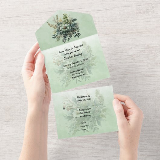 Kerst Bloemengroen bruiloft All In One Uitnodiging (Afscheurbaar)