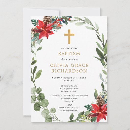 Kerst bloemenrood groen krans Doop Kaart (Voorkant)