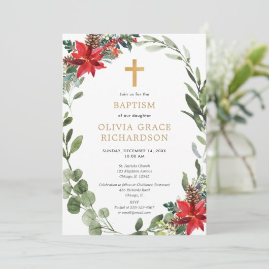 Kerst bloemenrood groen krans Doop Kaart (Staand voorkant)