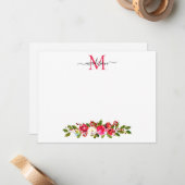 Kerst Bloemige Groene Hulst Bessen Monogram Notitiekaartje (Voorkant / Achterkant in situ)