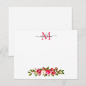 Kerst Bloemige Groene Hulst Bessen Monogram Notitiekaartje (Voorkant / Achterkant)