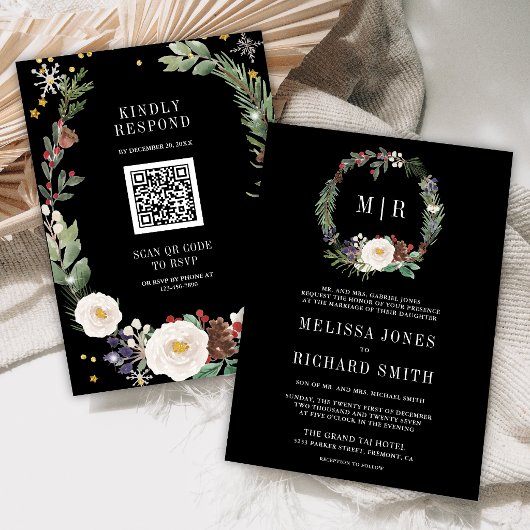 Kerst Bloemige Monogram QR Code Zwart Bruiloft Kaart