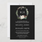 Kerst Bloemige Monogram QR Code Zwart Bruiloft Kaart (Voorkant)