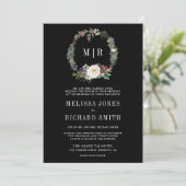 Kerst Bloemige Monogram QR Code Zwart Bruiloft Kaart (Staand voorkant)