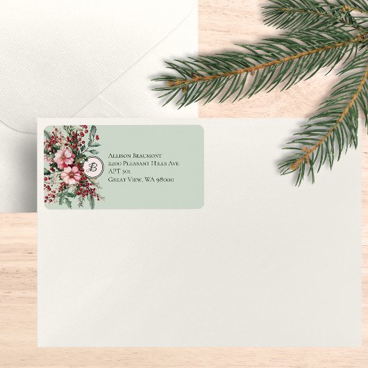Kerst Bloemige Waterverf Adres Monogram Etiket